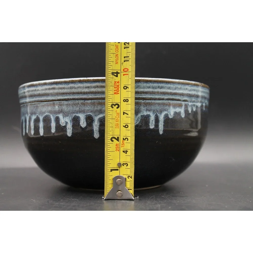 Signed Studio Art Pottery Bowl Blue Brown Drip Glaze 7.5